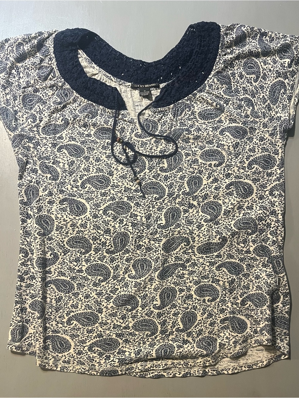 Lucky Brand Navy and White Paisley Tie-Neck Top. Size Medium